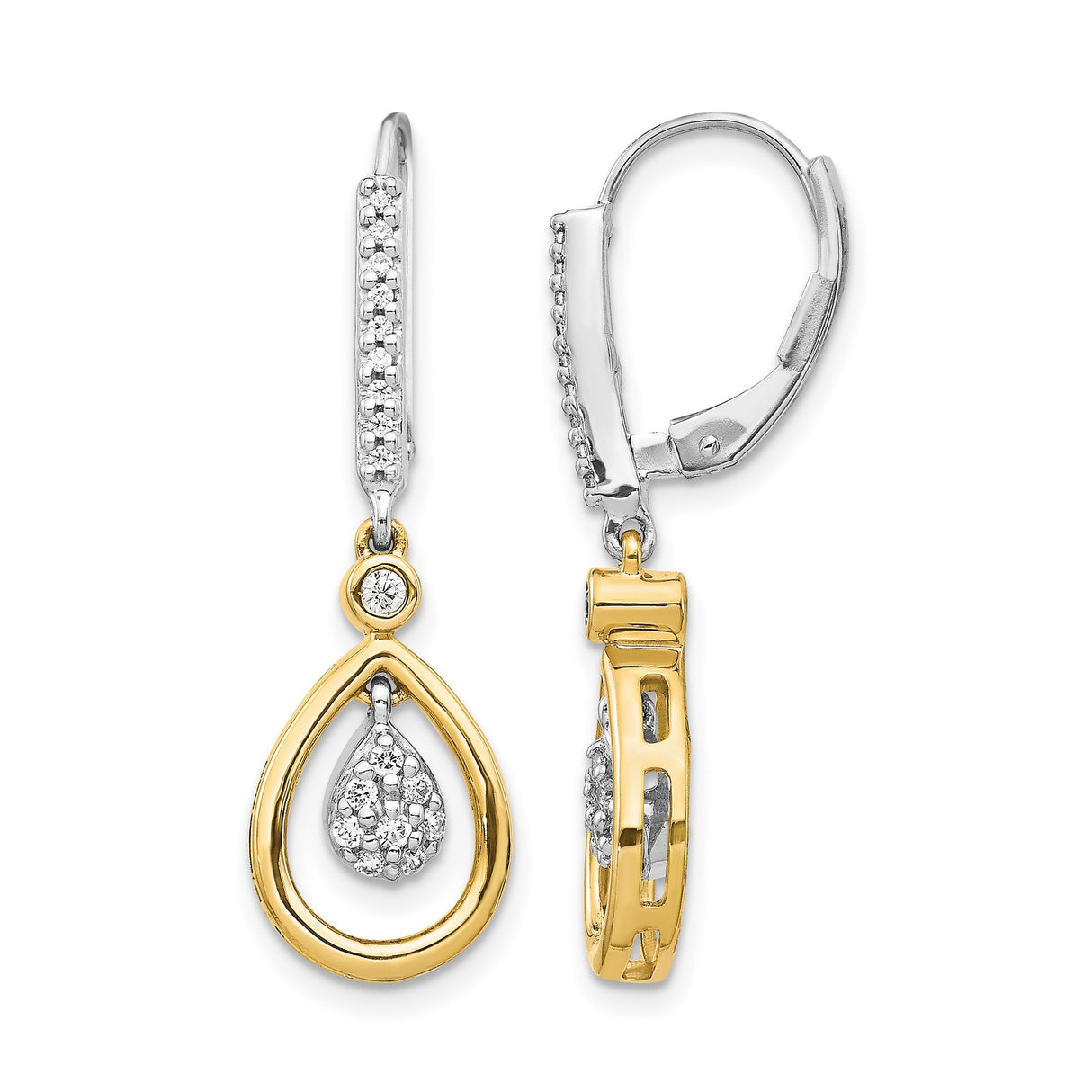 14k Yellow Gold Teardrop Dangle Earrings with Diamond Accents, Leverback Design for Women
