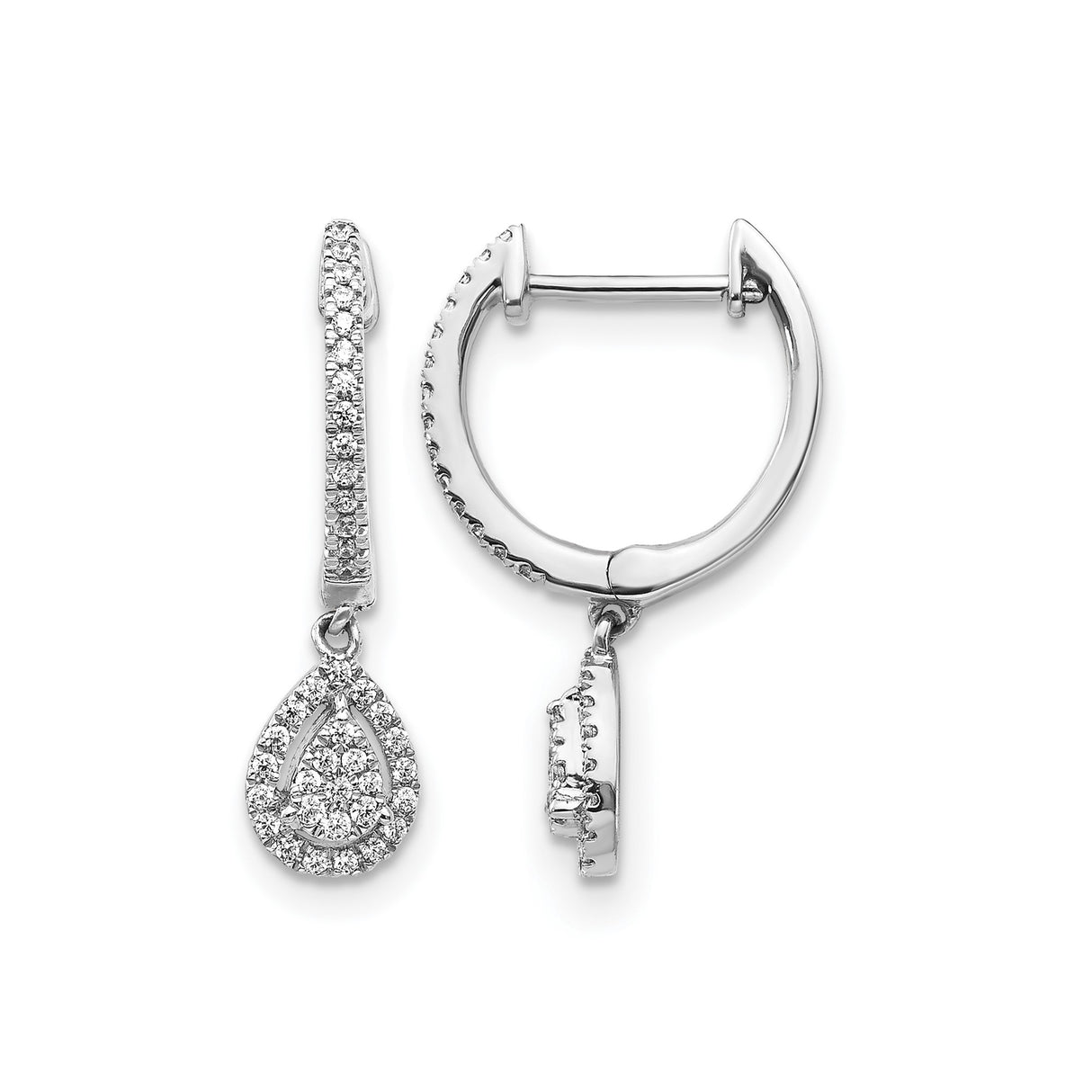 14k White Gold Dangle Hoop Earrings with Diamond Pavé, Teardrop Design for Women
