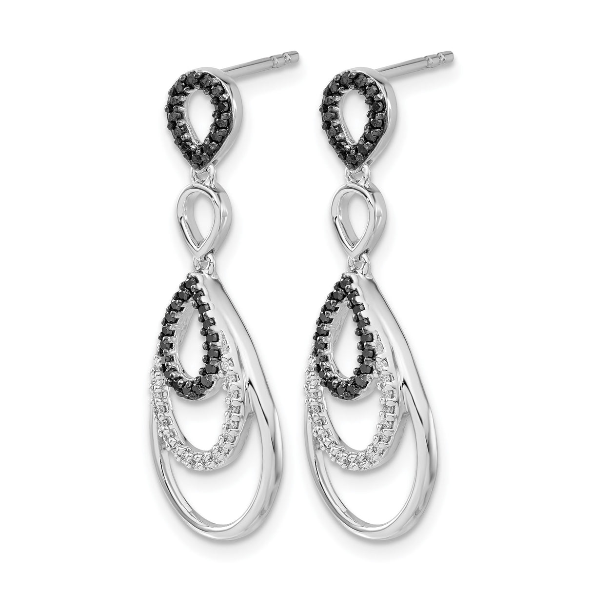 14k White Gold Teardrop Dangle Earrings with Black and White Diamonds, Layered Drop Design