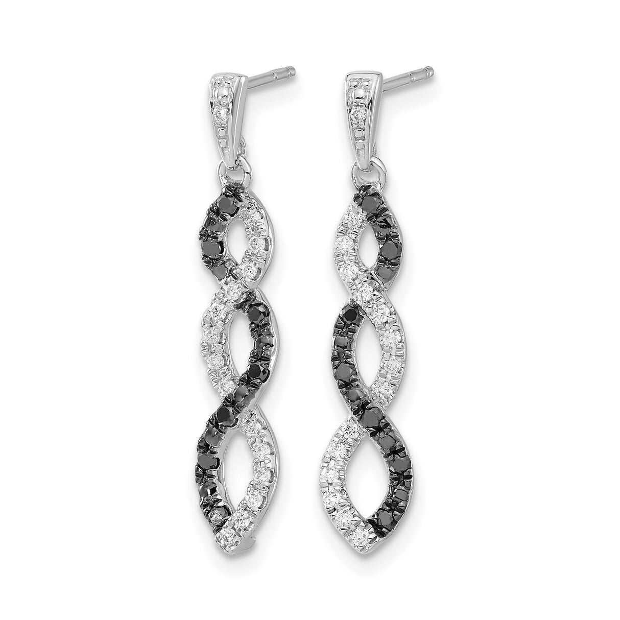 14k White Gold Dangle Earrings with Black and White Diamonds, Infinity Twist Design
