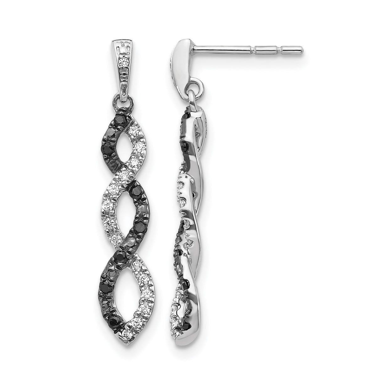 14k White Gold Dangle Earrings with Black and White Diamonds, Infinity Twist Design