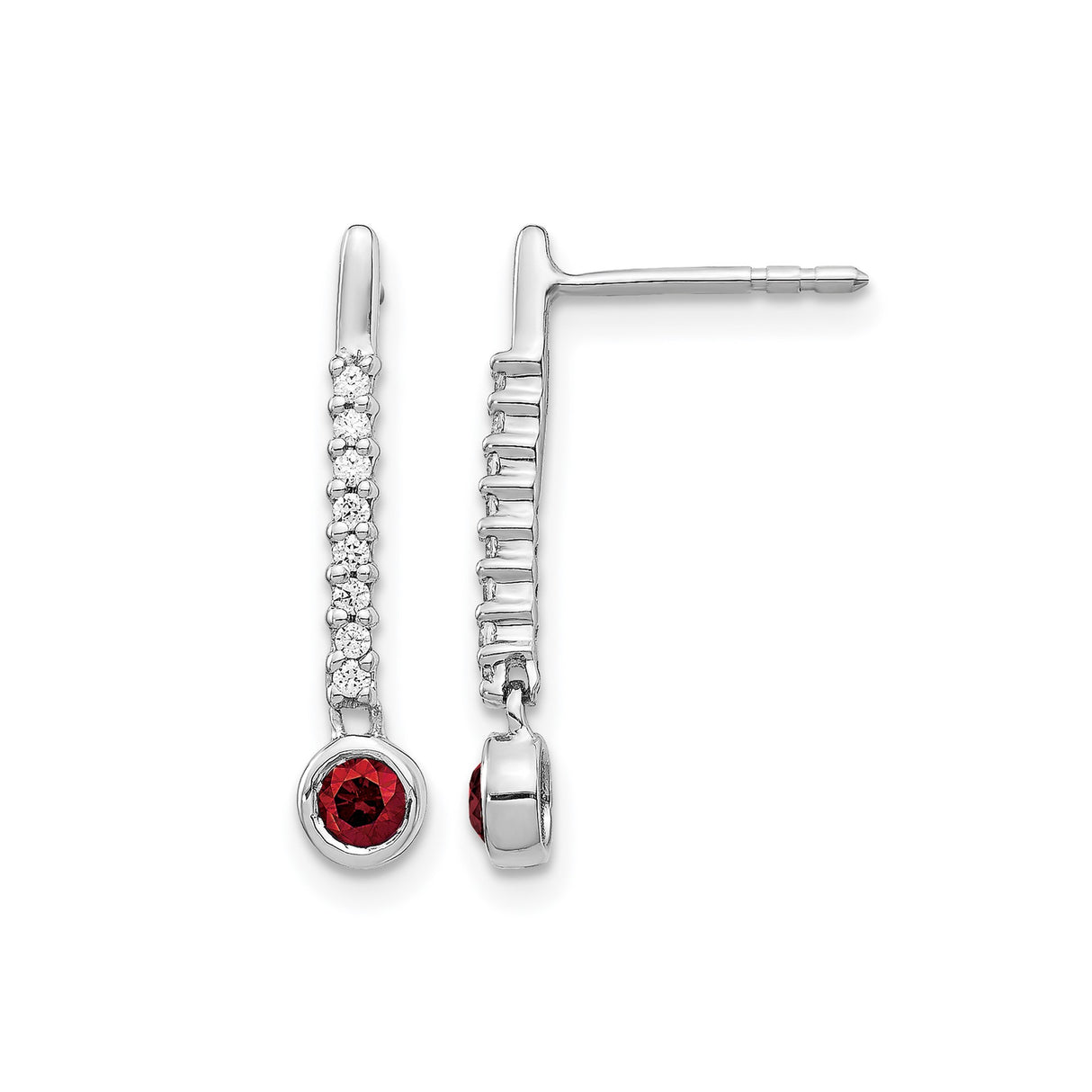 14k White Gold Drop Earrings with Red Diamond Dangle and Clear Diamond Accents, Modern Style