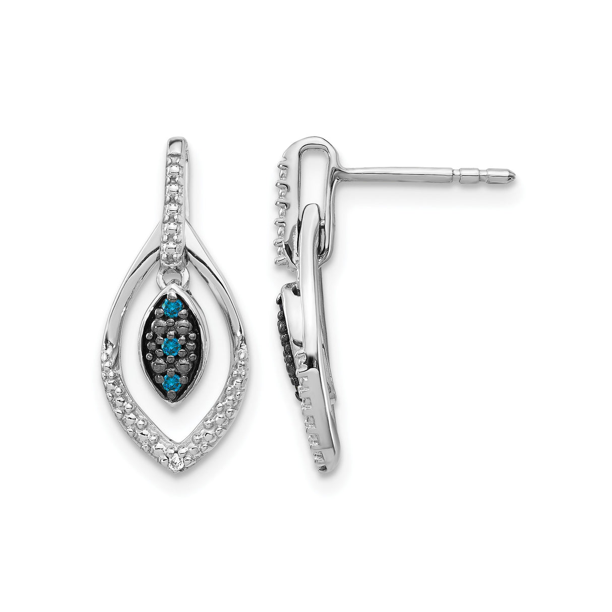 14k White Gold Marquise Drop Earrings with Blue and White Diamonds, Leaf and Open Eye Design