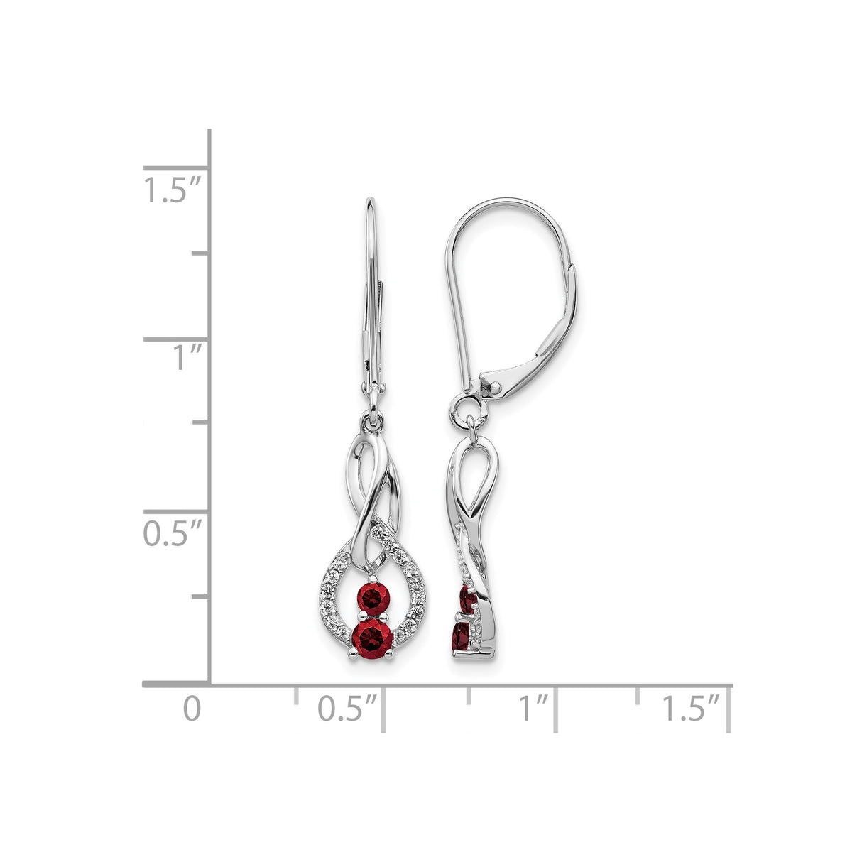 14k White Gold Dangle Earrings with Red Diamond, Infinity Loop Design, Leverback Drop Style