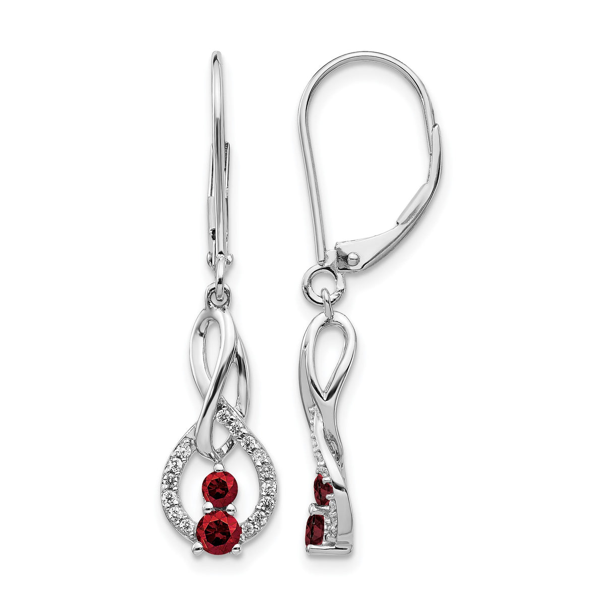 14k White Gold Dangle Earrings with Red Diamond, Infinity Loop Design, Leverback Drop Style
