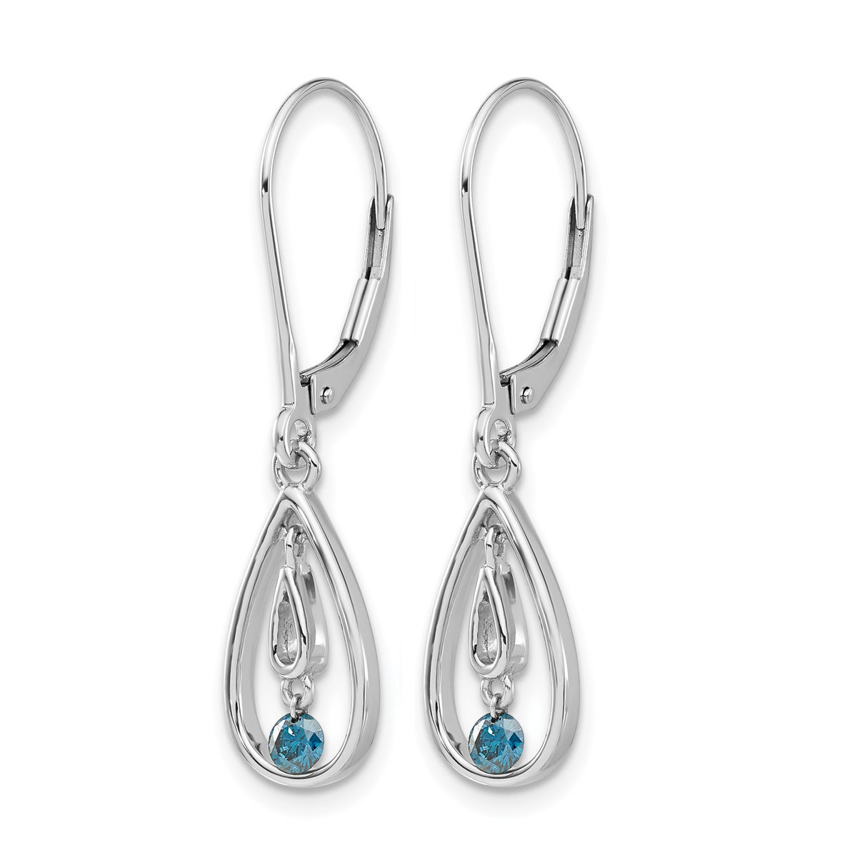 14k White Gold Dangle Earrings with Blue Diamond Teardrop and Leverback Design