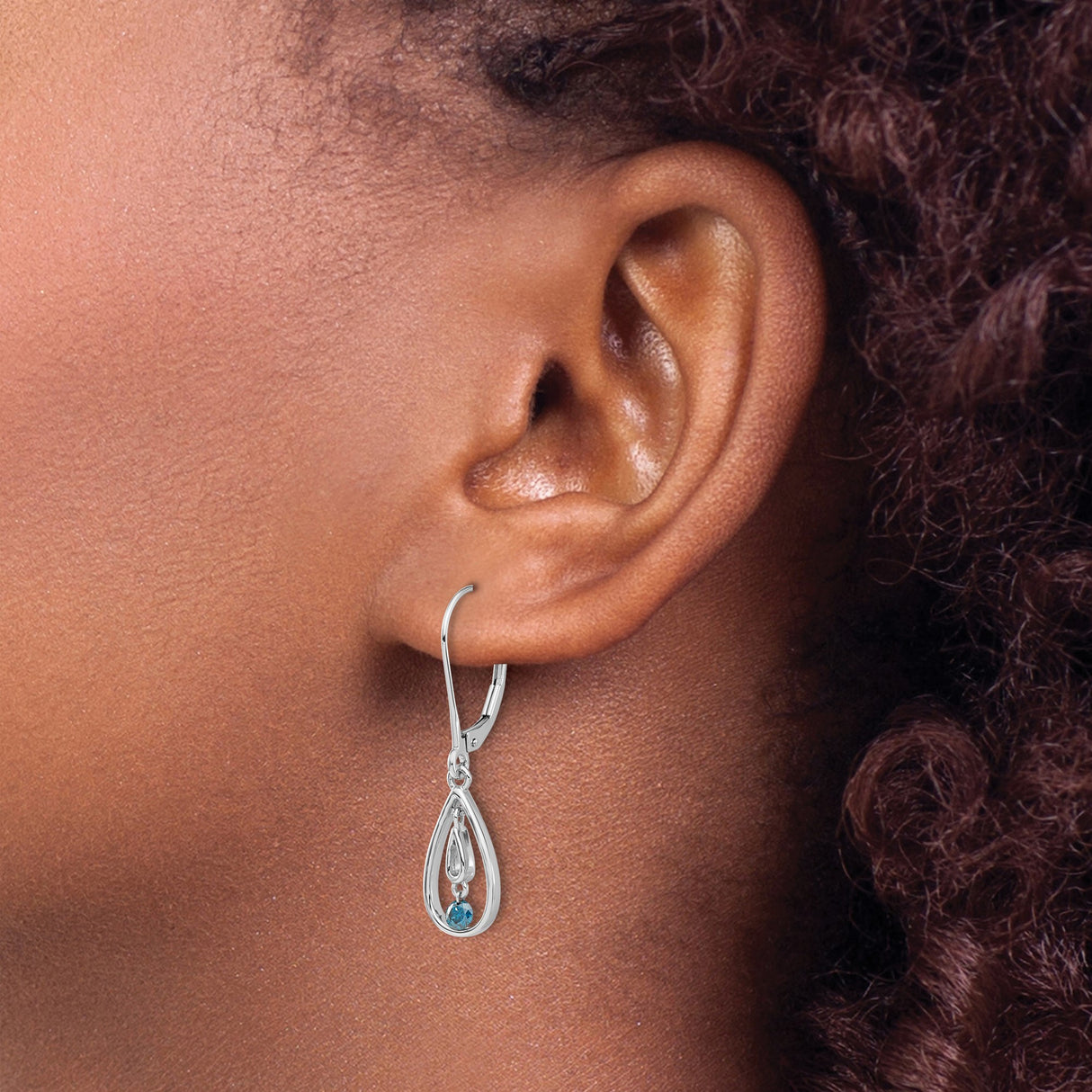14k White Gold Dangle Earrings with Blue Diamond Teardrop and Leverback Design