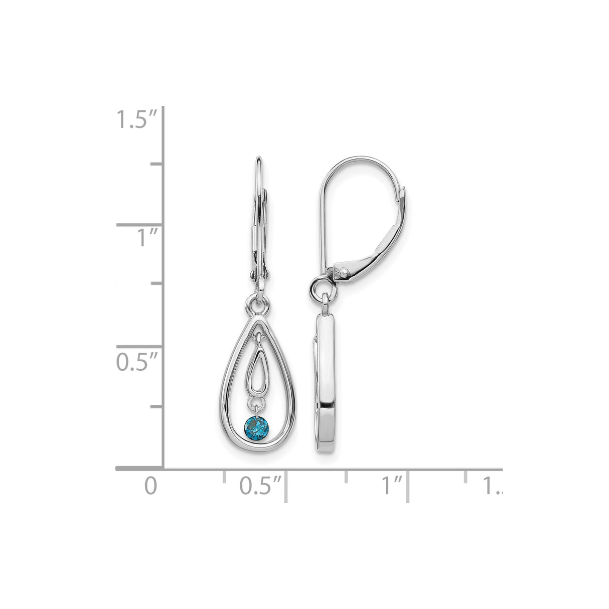 14k White Gold Dangle Earrings with Blue Diamond Teardrop and Leverback Design