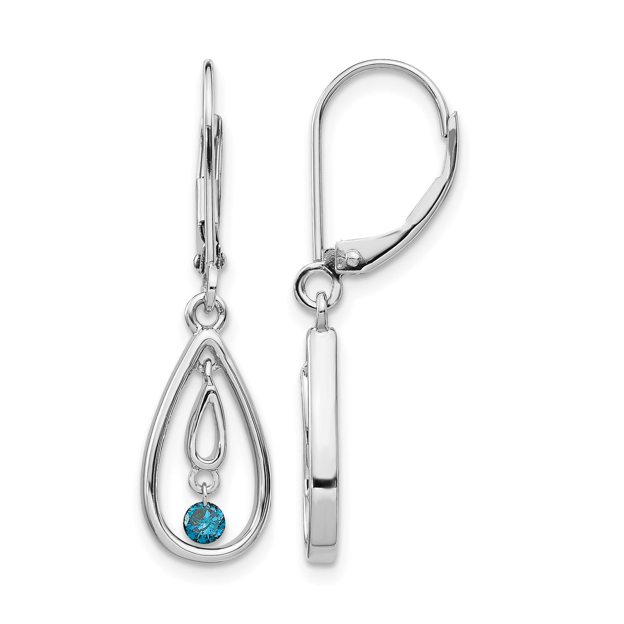14k White Gold Dangle Earrings with Blue Diamond Teardrop and Leverback Design