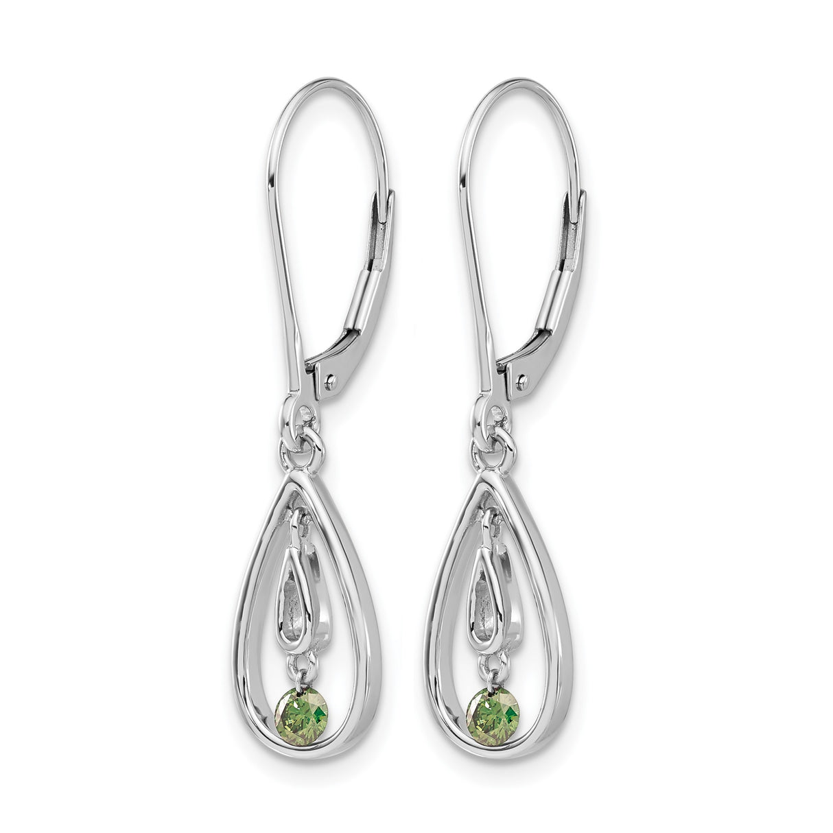 14k White Gold Dangle Earrings with Green Diamond, Open Teardrop and Nested Teardrop Design
