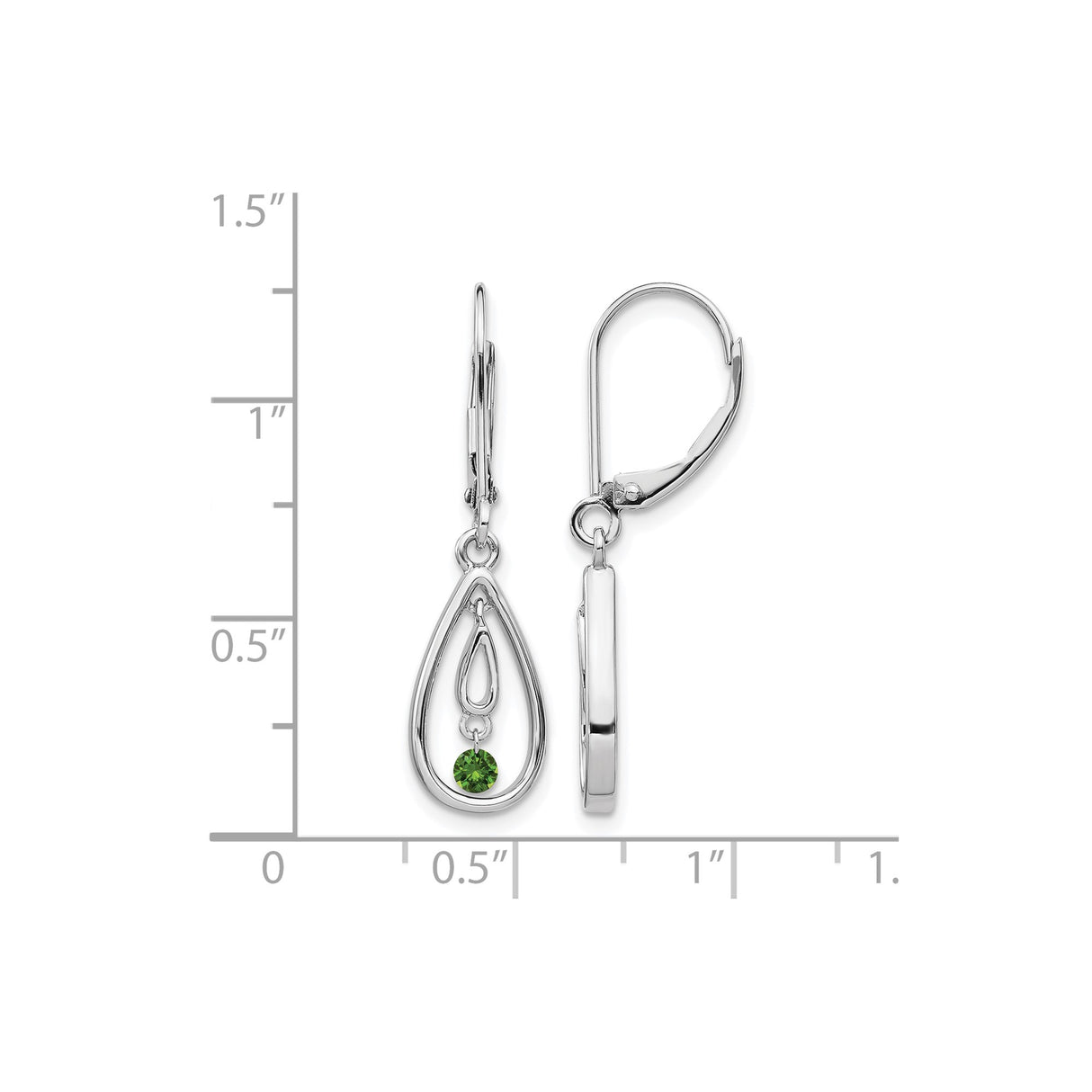 14k White Gold Dangle Earrings with Green Diamond, Open Teardrop and Nested Teardrop Design