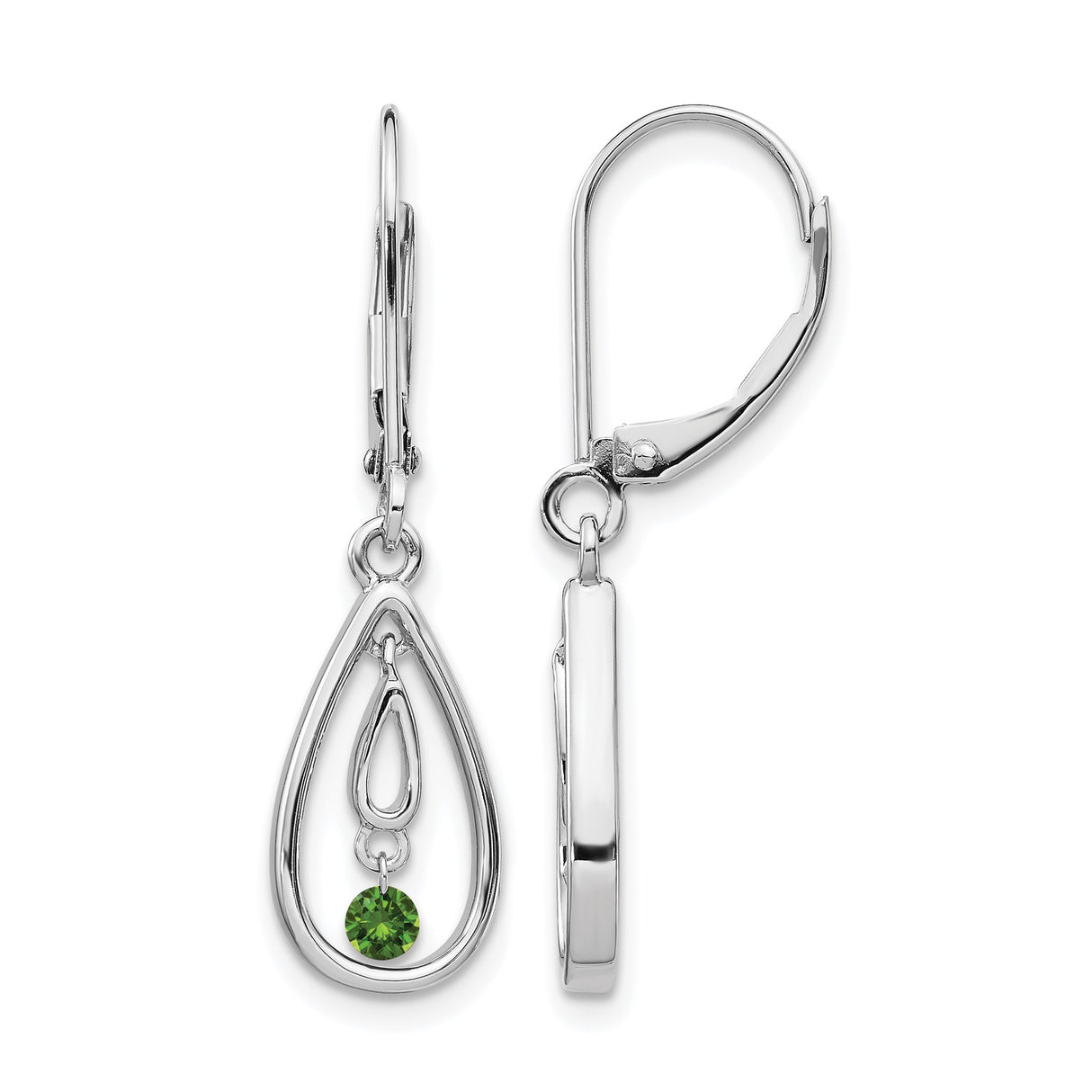 14k White Gold Dangle Earrings with Green Diamond, Open Teardrop and Nested Teardrop Design