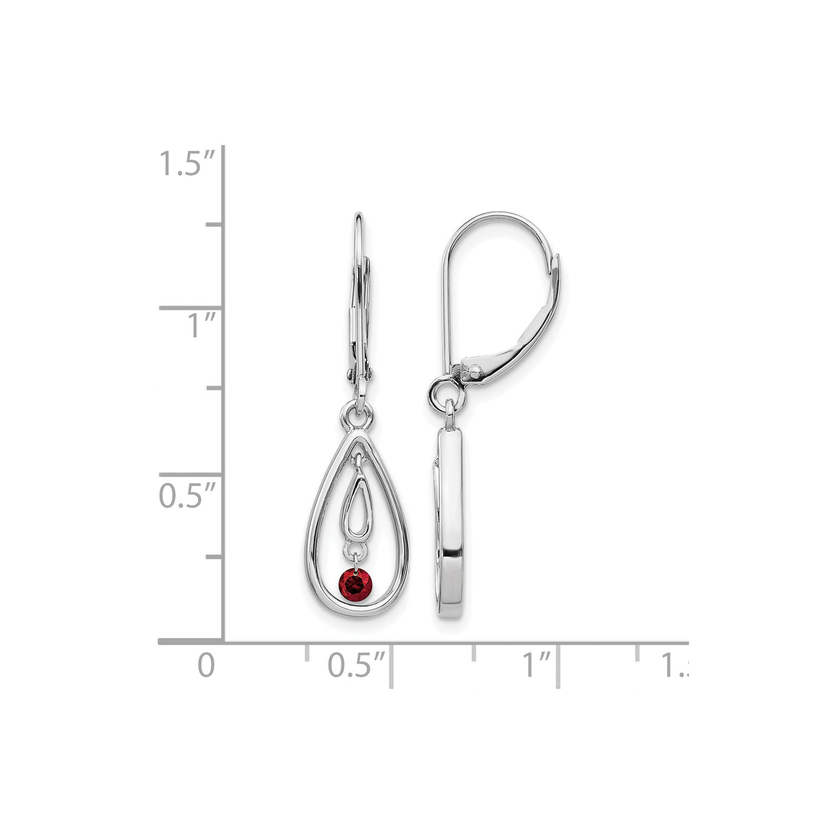 14k White Gold Drop Earrings with Red Diamond, Teardrop Dangle Leverback Design