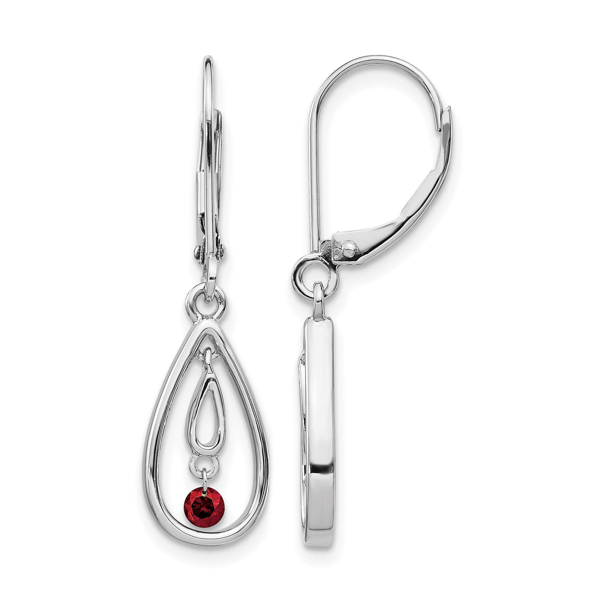 14k White Gold Drop Earrings with Red Diamond, Teardrop Dangle Leverback Design
