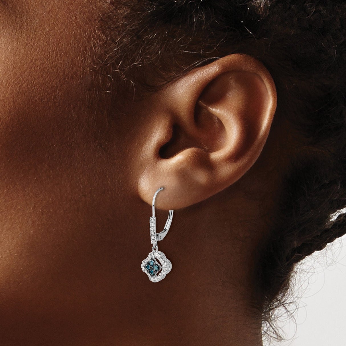 14k White Gold Dangle Earrings with Blue and White Diamonds, Vintage Floral Clover Design