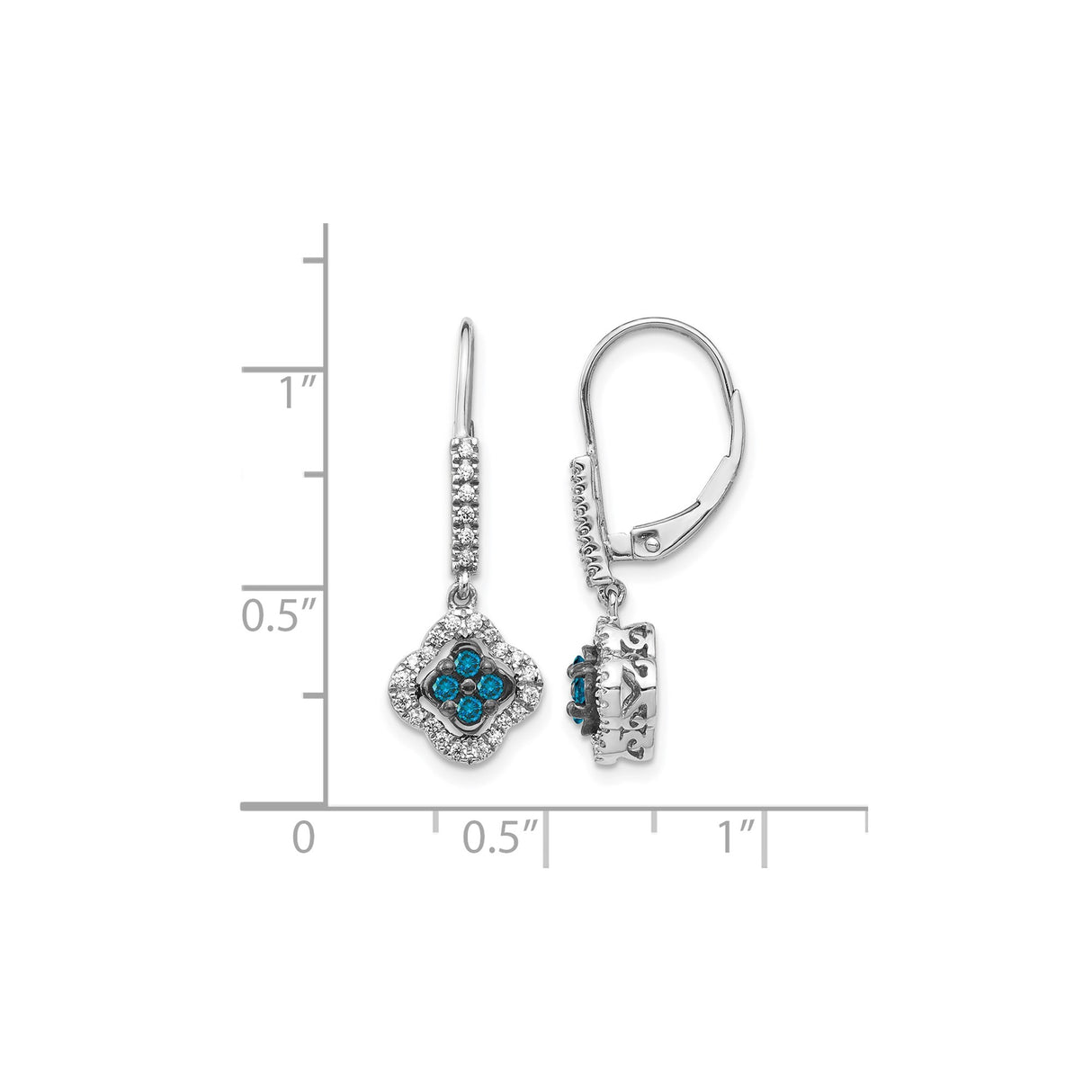 14k White Gold Dangle Earrings with Blue and White Diamonds, Vintage Floral Clover Design