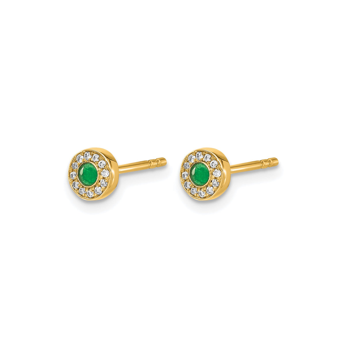 14k Yellow Gold Stud Earrings with Green Emerald Center and Diamond Halo