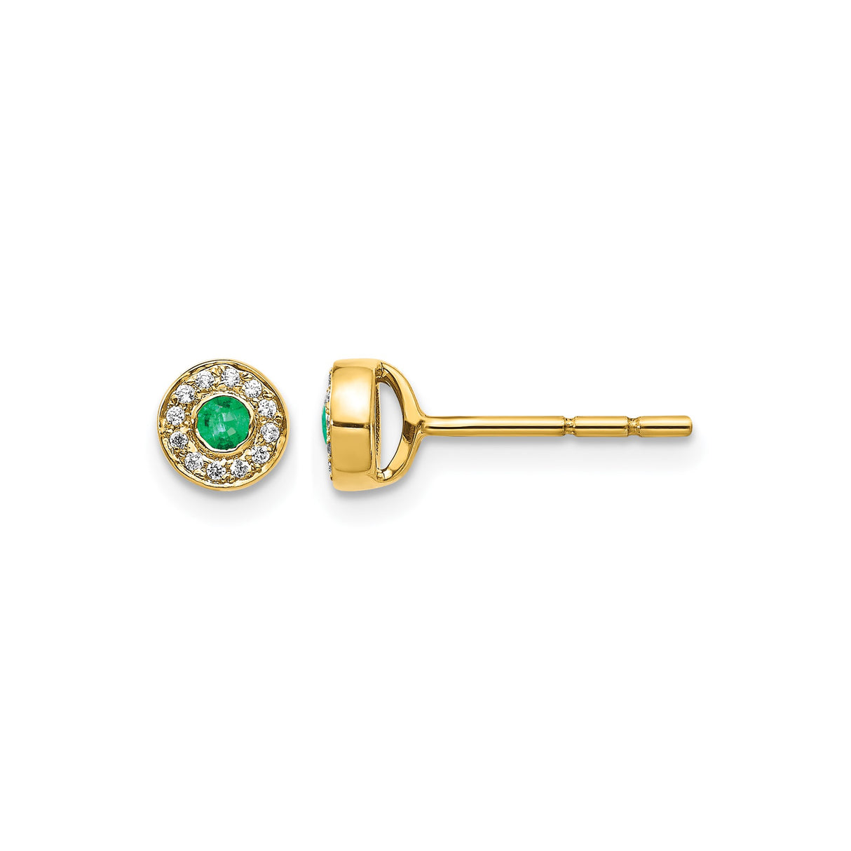 14k Yellow Gold Stud Earrings with Green Emerald Center and Diamond Halo