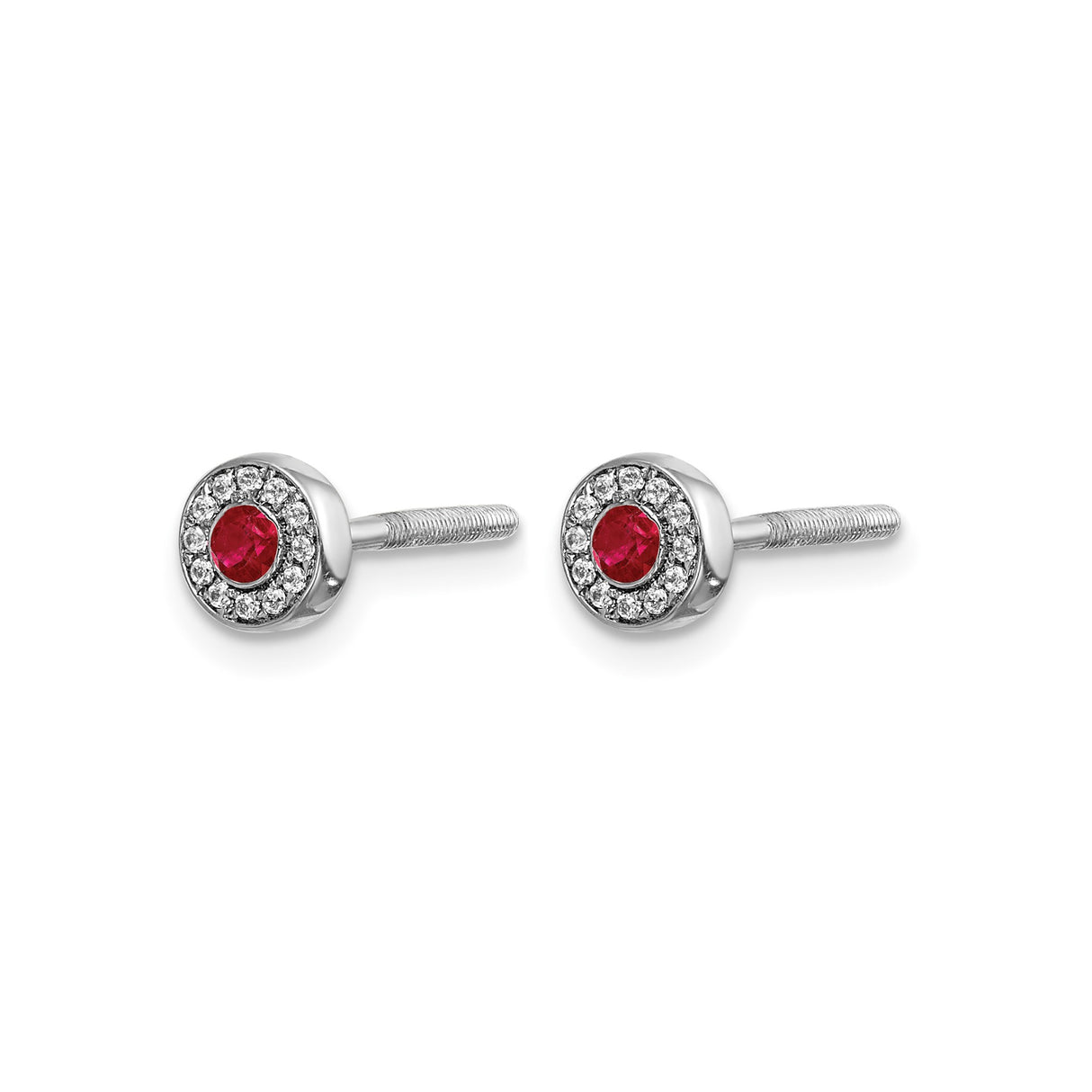 14k White Gold Stud Earrings with Ruby Center and Diamond Halo