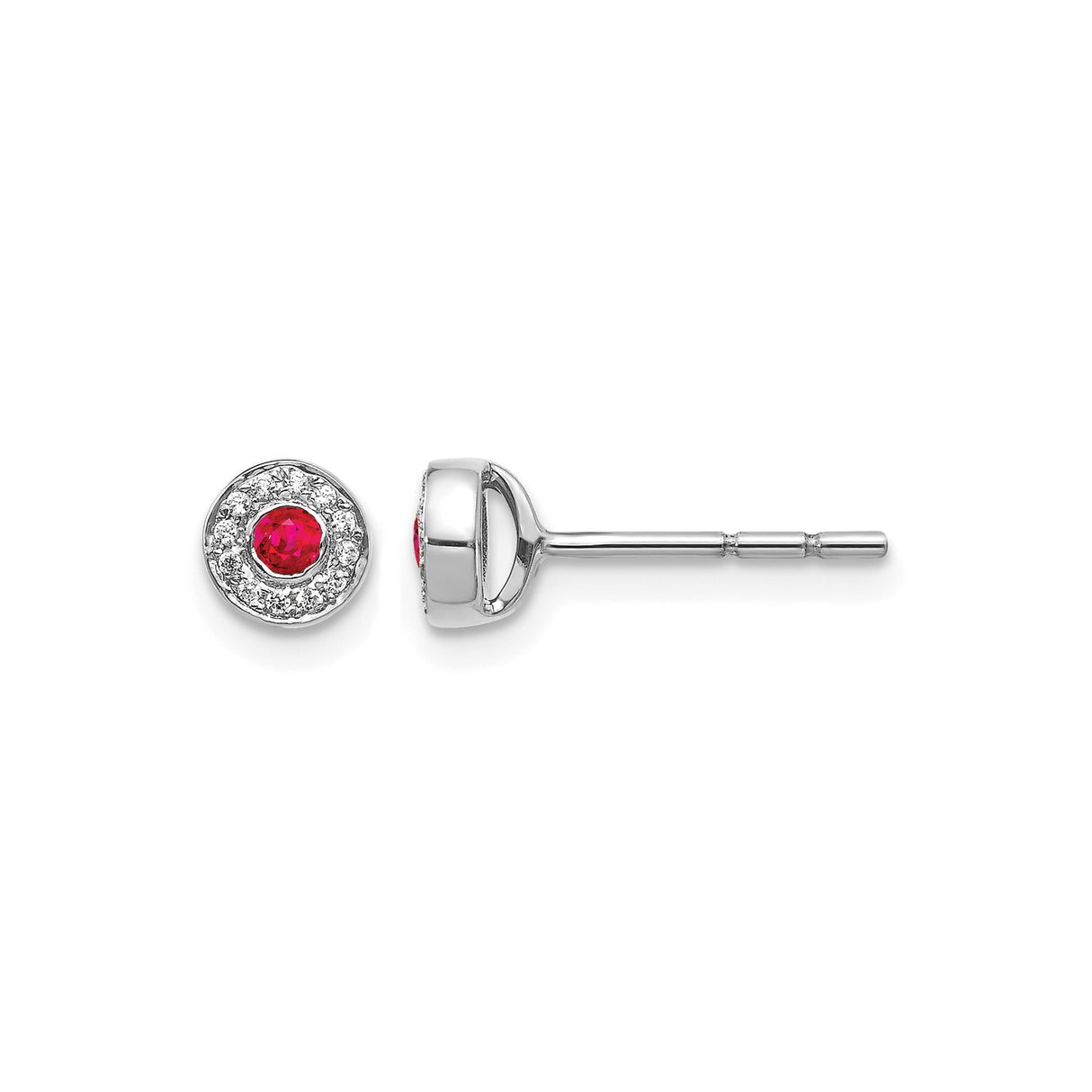 14k White Gold Stud Earrings with Ruby Center and Diamond Halo