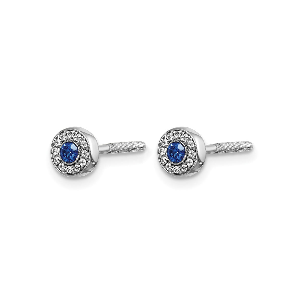 14k White Gold Stud Earrings with Blue Sapphire and Diamond Halo Design for Women