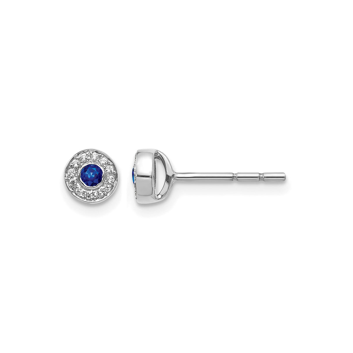 14k White Gold Stud Earrings with Blue Sapphire and Diamond Halo Design for Women