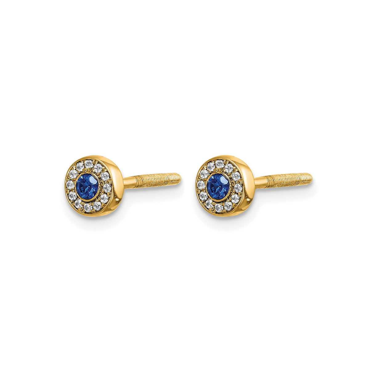 14k Yellow Gold Stud Earrings with Blue Sapphire and Diamond Halo Bezel Setting