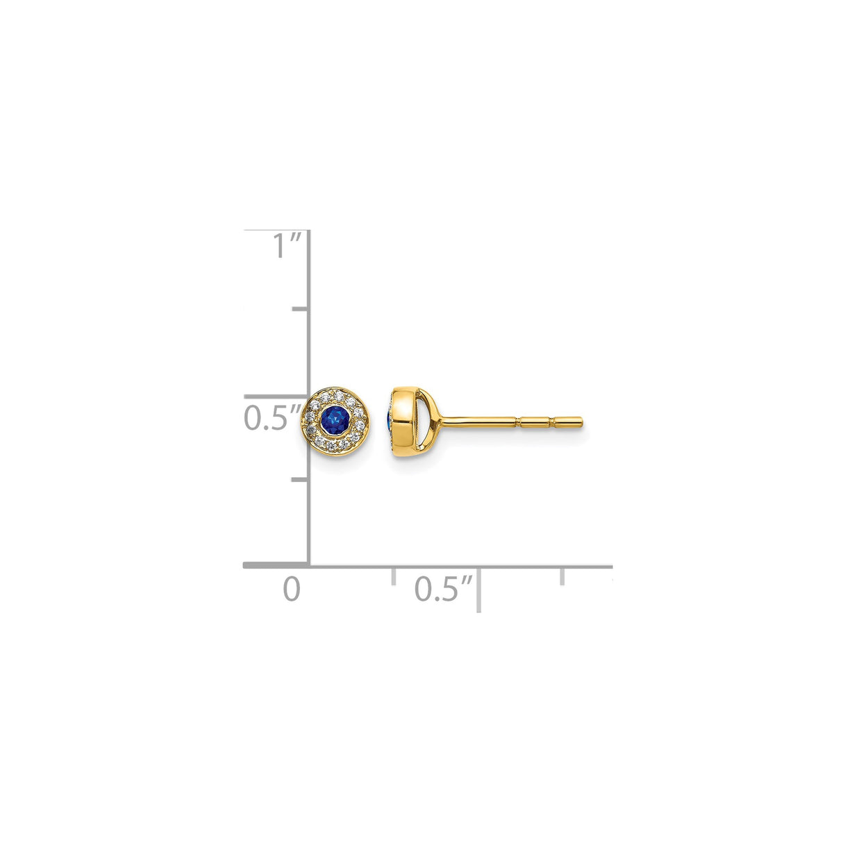 14k Yellow Gold Stud Earrings with Blue Sapphire and Diamond Halo Bezel Setting