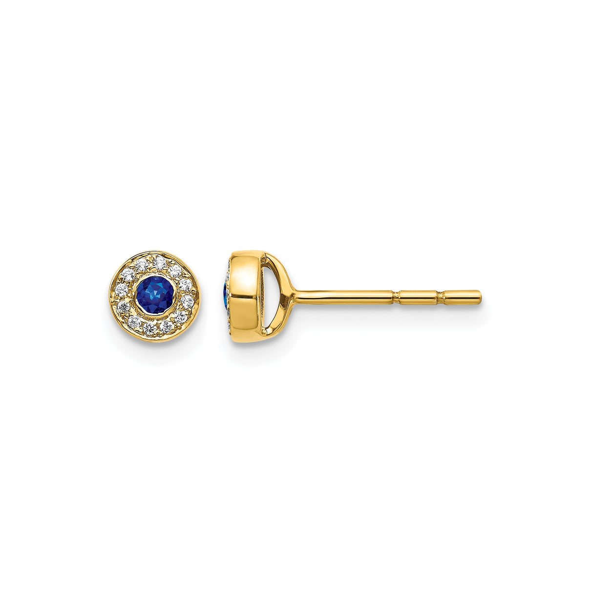 14k Yellow Gold Stud Earrings with Blue Sapphire and Diamond Halo Bezel Setting