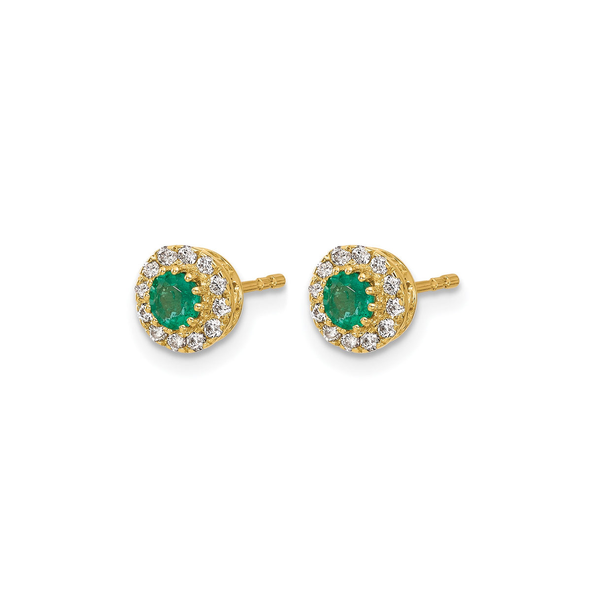 14k Yellow Gold Stud Earrings with Round Emerald Center and Diamond Halo