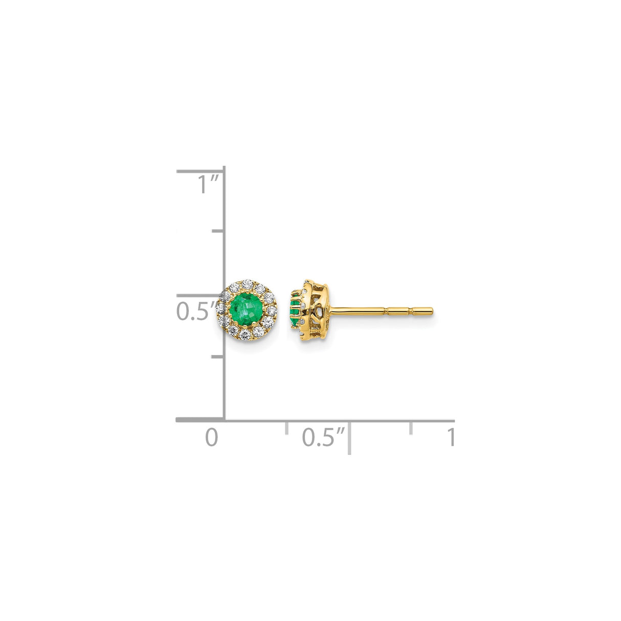 14k Yellow Gold Stud Earrings with Round Emerald Center and Diamond Halo