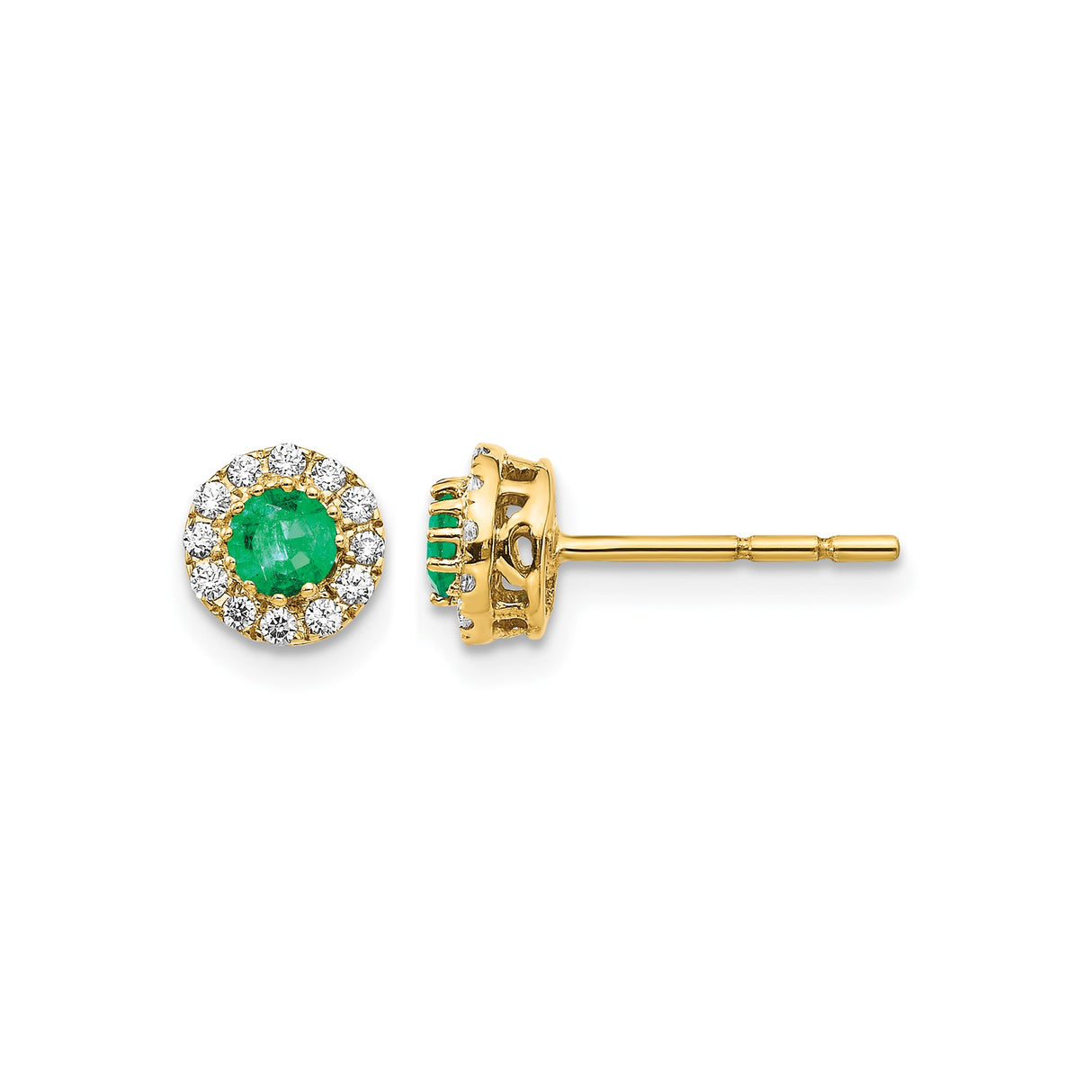 14k Yellow Gold Stud Earrings with Round Emerald Center and Diamond Halo