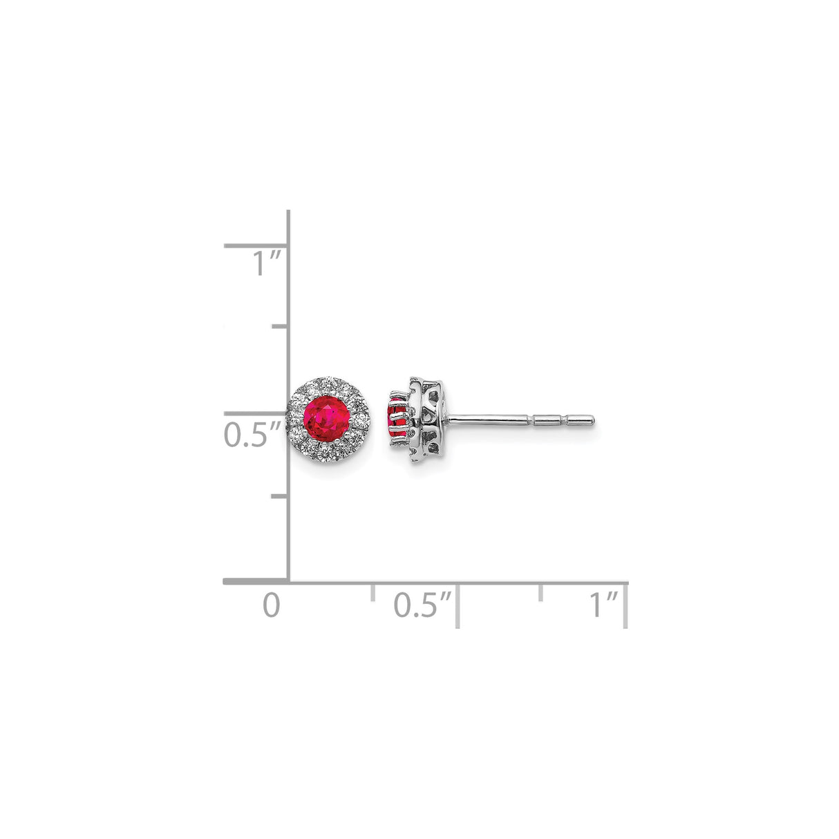 14k White Gold Ruby and Diamond Stud Earrings, Round Center with Halo Setting