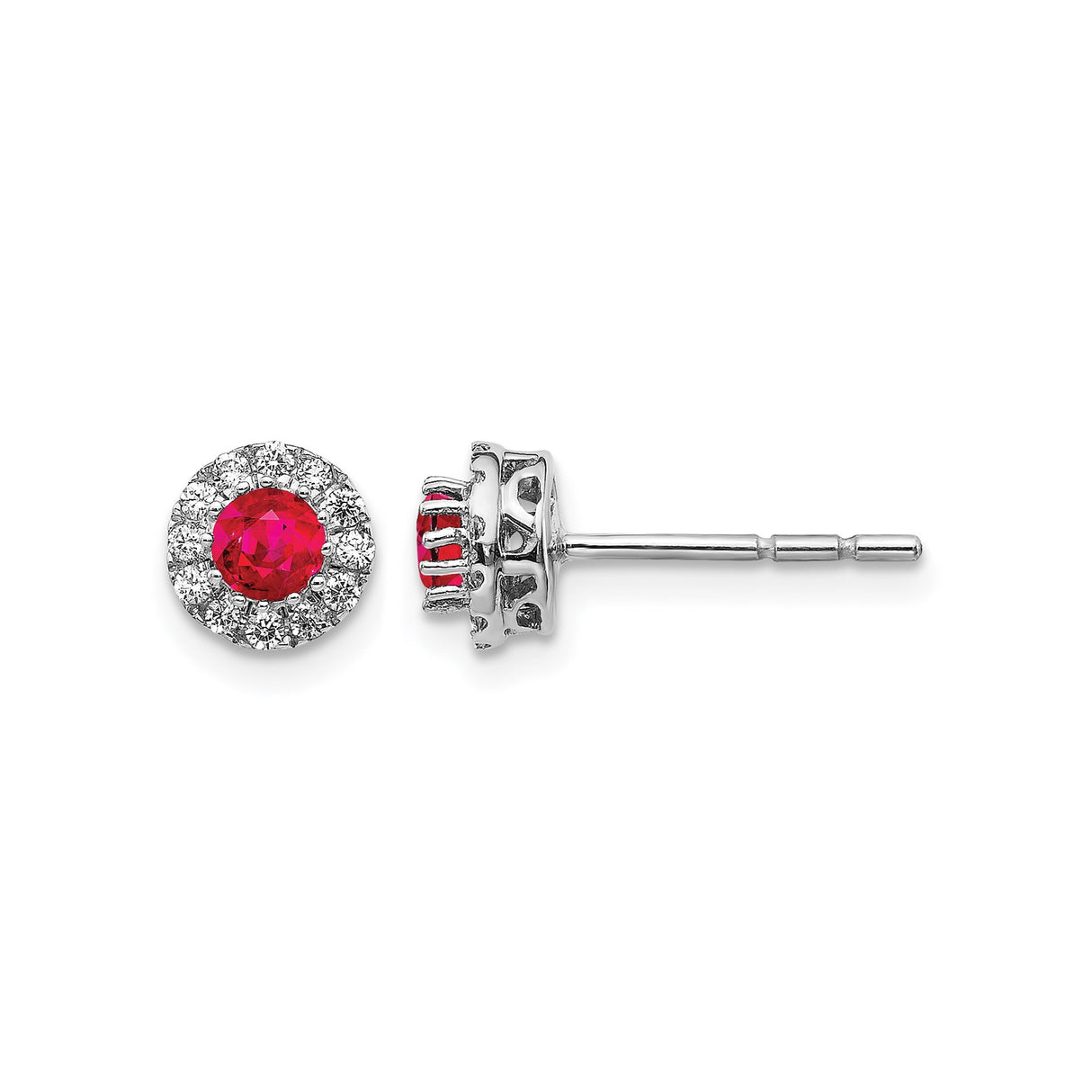 14k White Gold Ruby and Diamond Stud Earrings, Round Center with Halo Setting