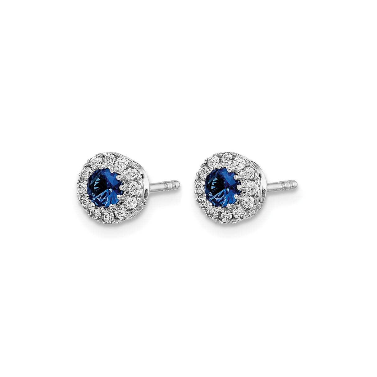 14k White Gold Stud Earrings with Blue Sapphire Center and Diamond Halo