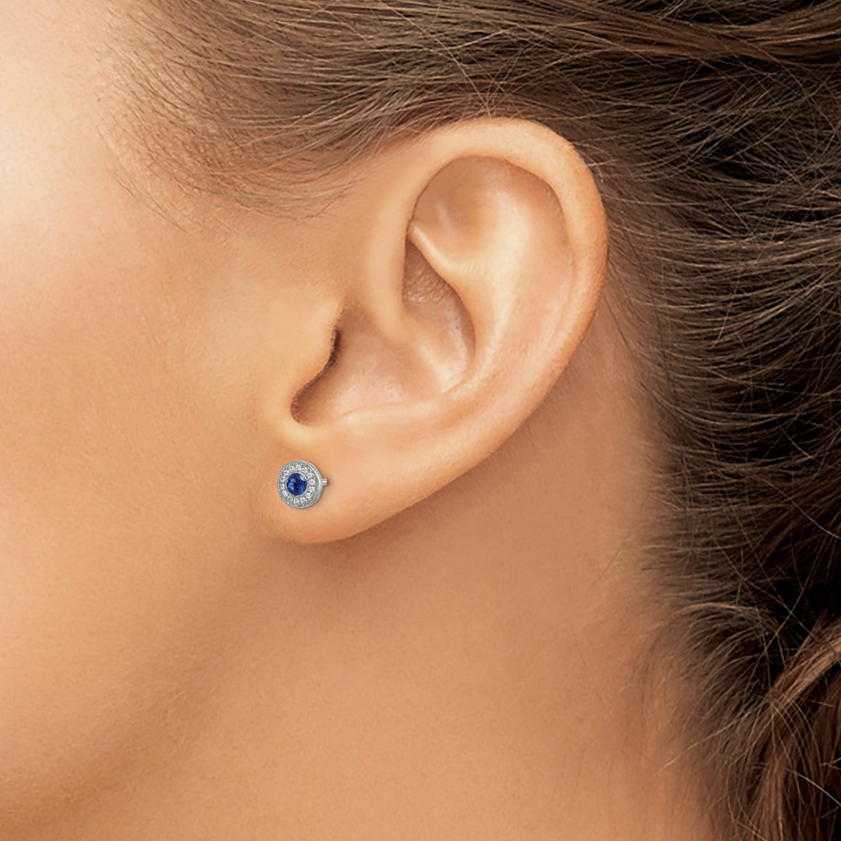 14k White Gold Stud Earrings with Blue Sapphire Center and Diamond Halo
