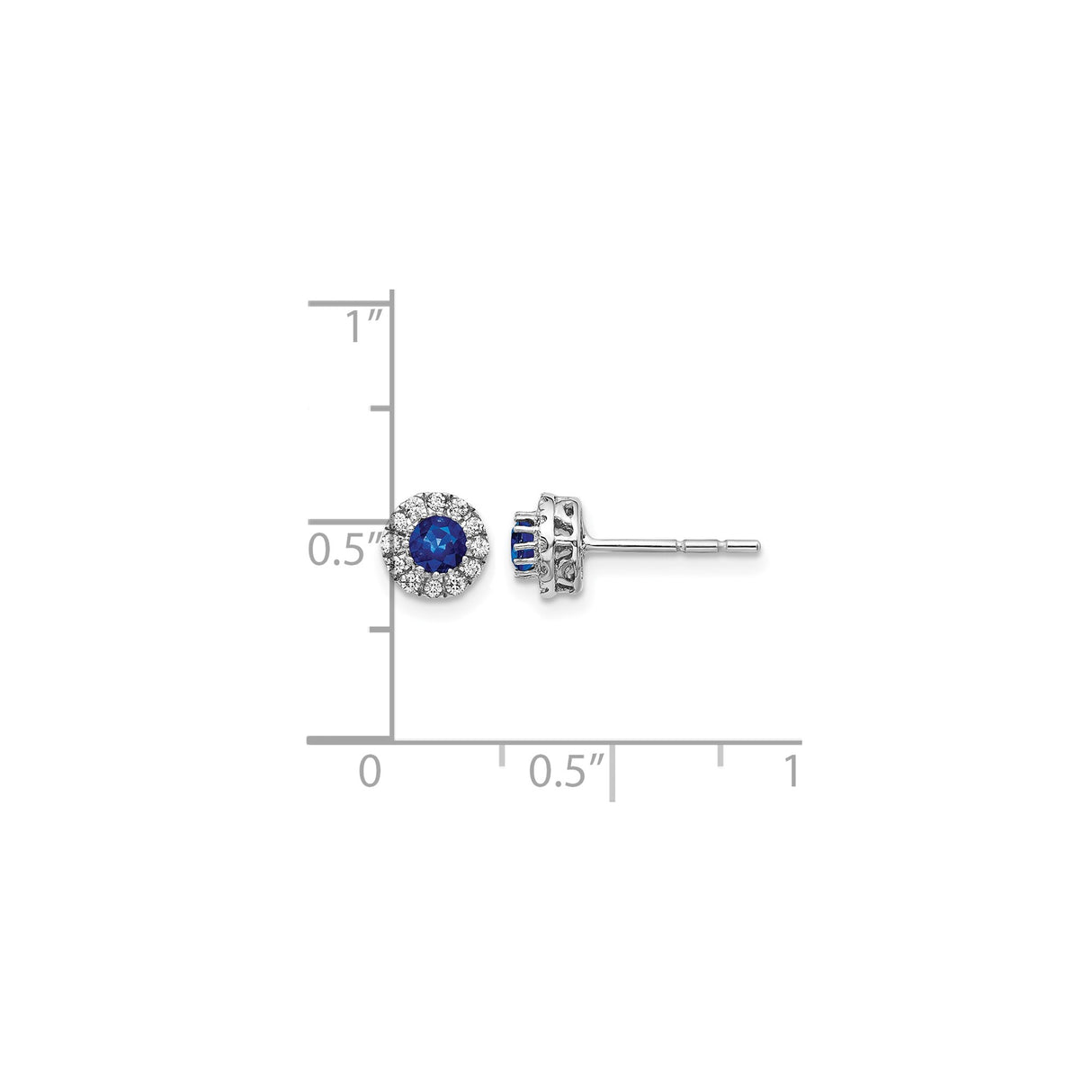 14k White Gold Stud Earrings with Blue Sapphire Center and Diamond Halo