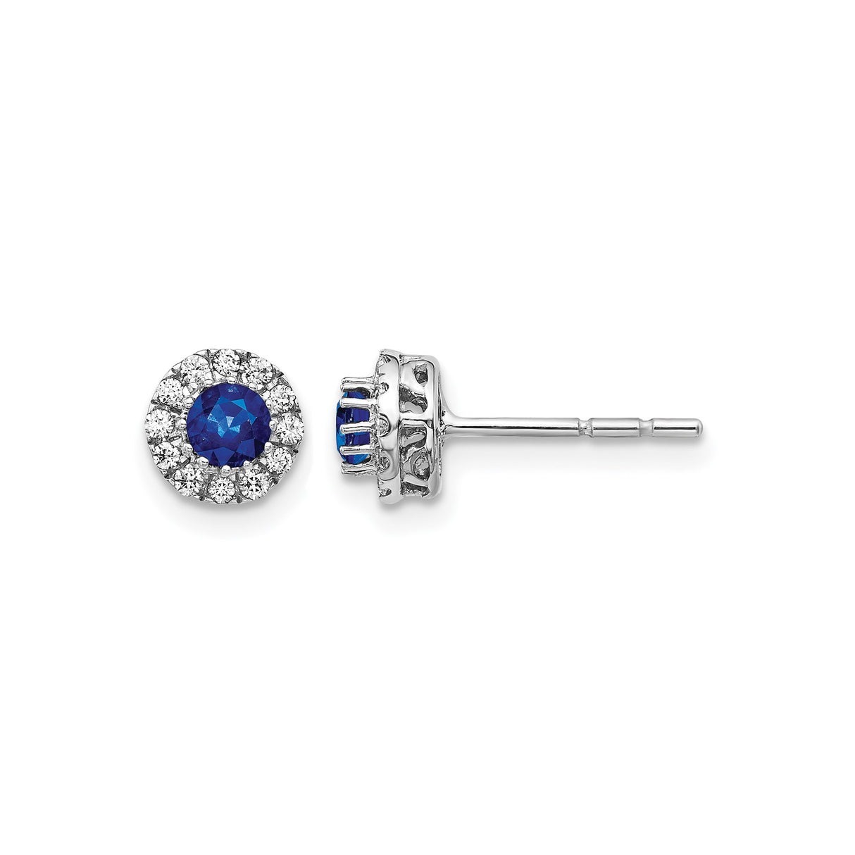14k White Gold Stud Earrings with Blue Sapphire Center and Diamond Halo