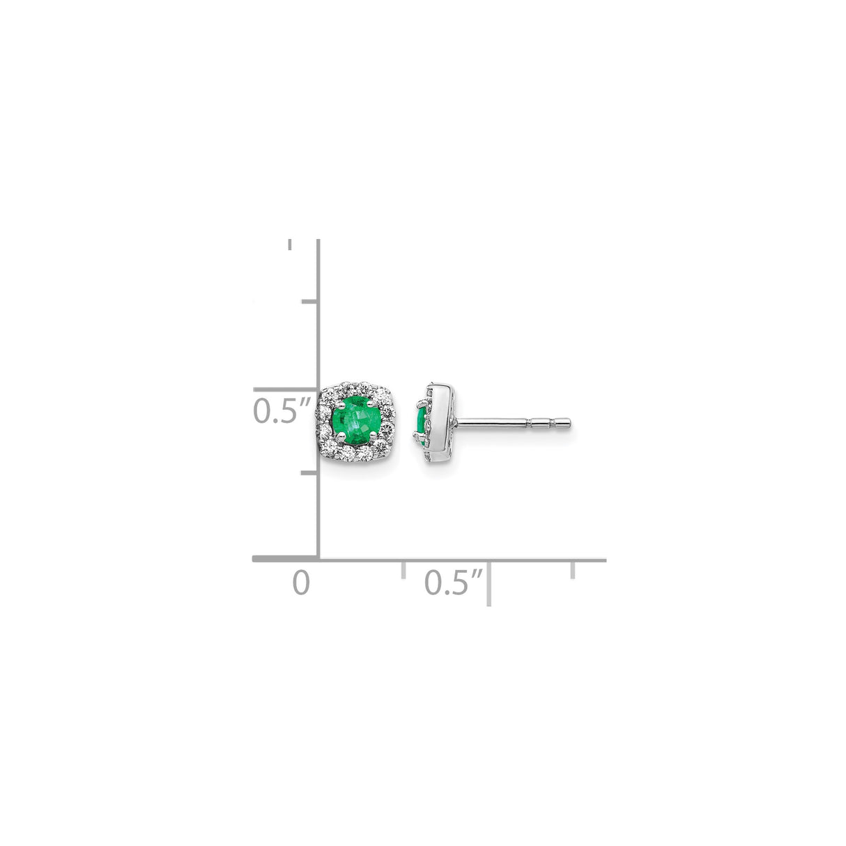 14k White Gold Stud Earrings with Emerald and Diamond Cushion Halo Design