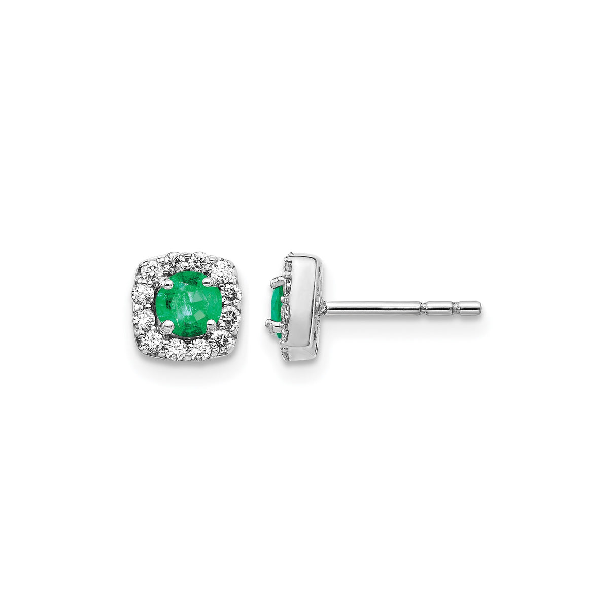 14k White Gold Stud Earrings with Emerald and Diamond Cushion Halo Design