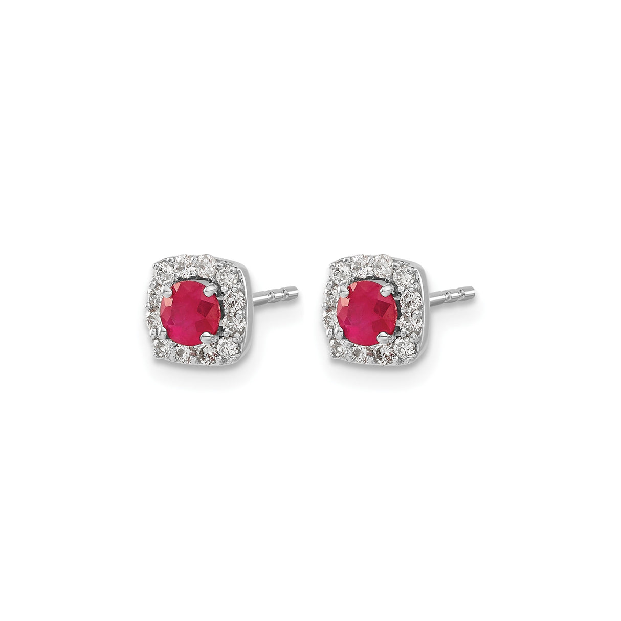 14k White Gold Stud Earrings with Ruby Center and Diamond Cushion Halo Setting