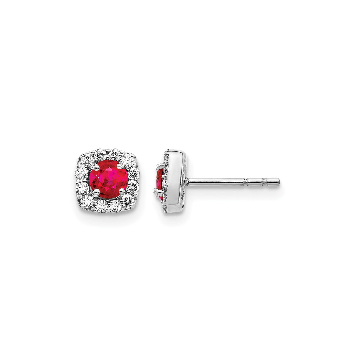 14k White Gold Stud Earrings with Ruby Center and Diamond Cushion Halo Setting