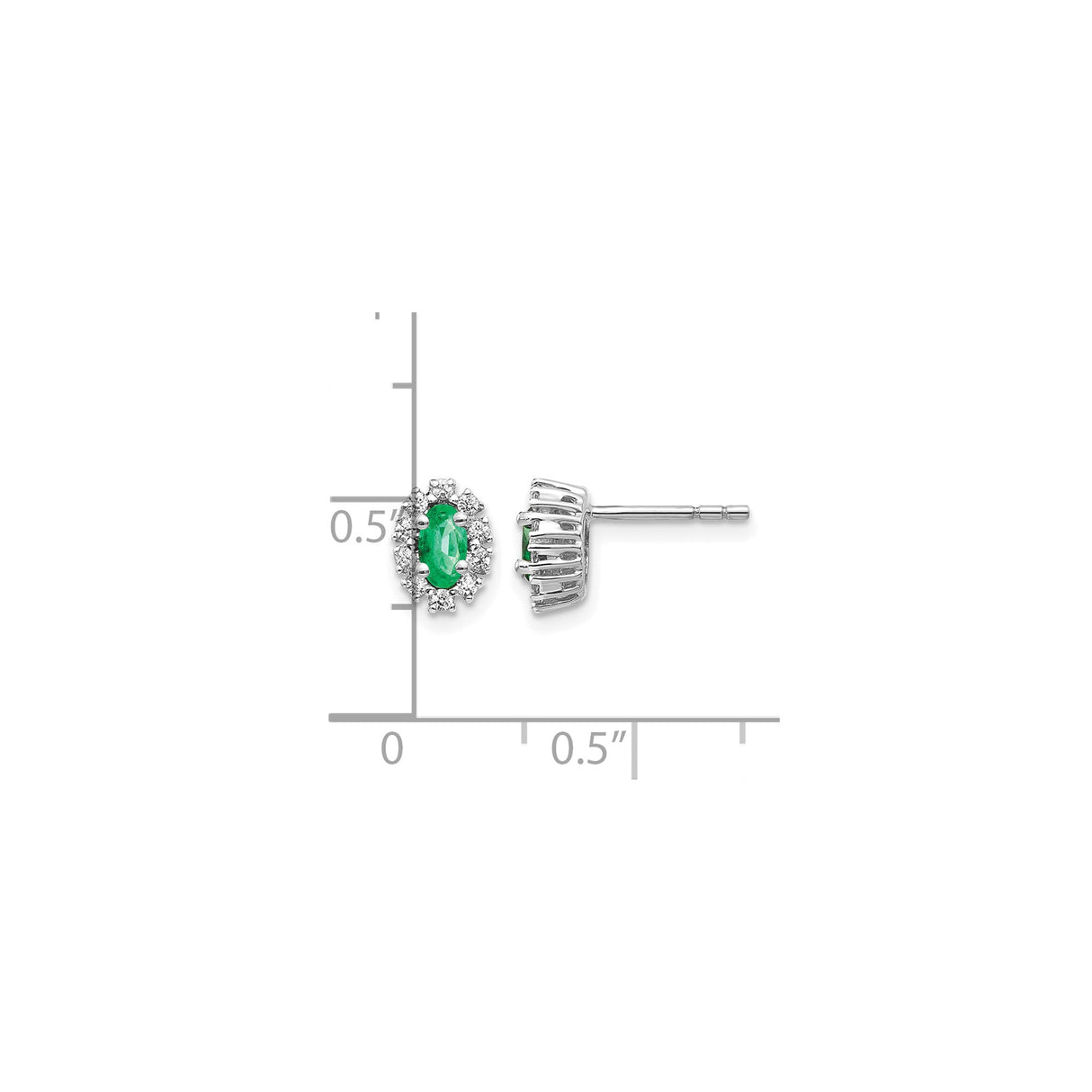14k White Gold Stud Earrings with Oval Emerald and Diamond Halo