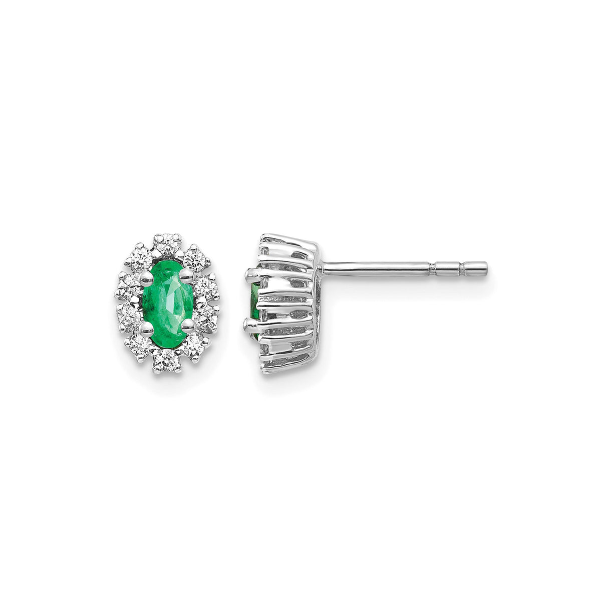 14k White Gold Stud Earrings with Oval Emerald and Diamond Halo