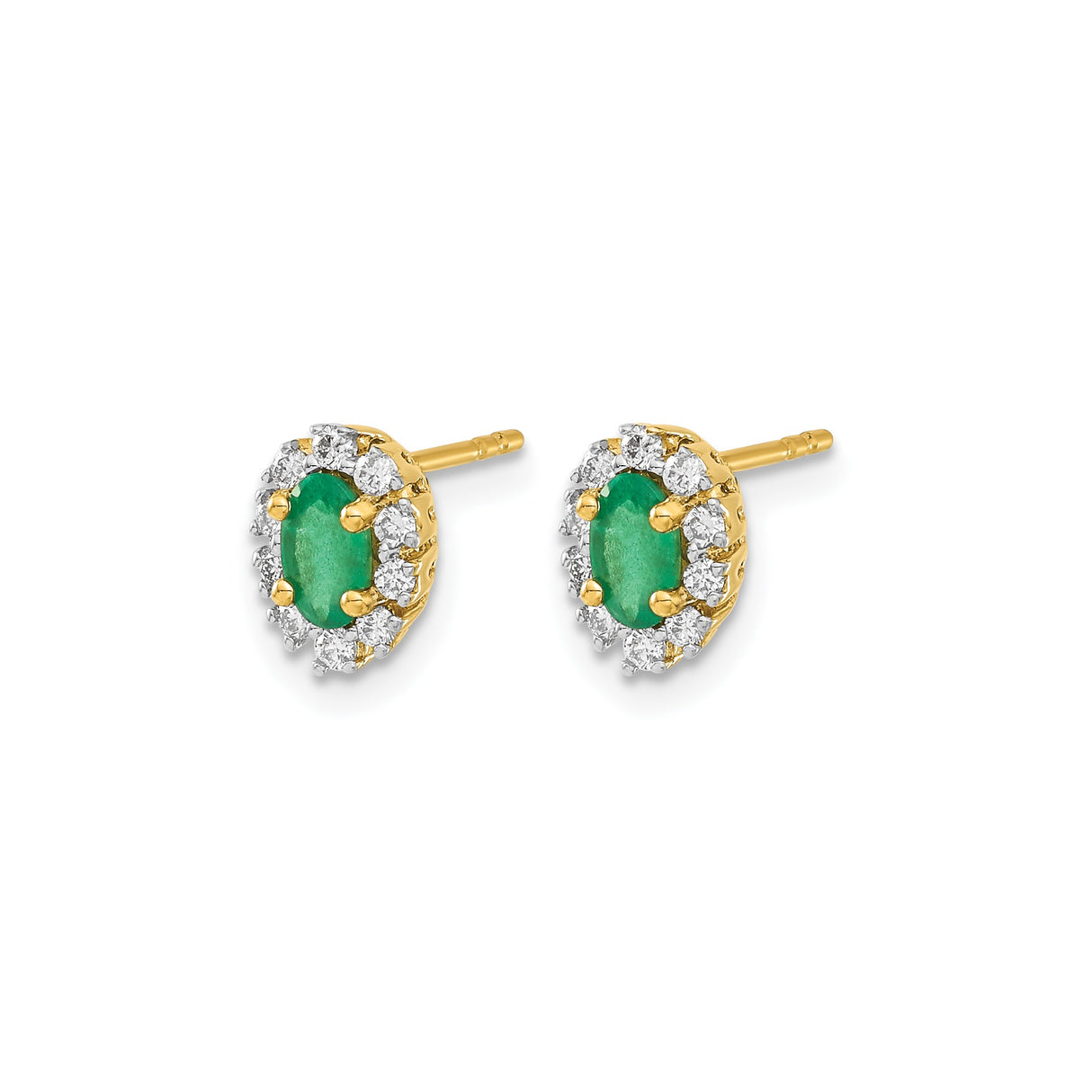 14k Yellow Gold Stud Earrings with Oval Emerald and Diamond Halo Floral Design
