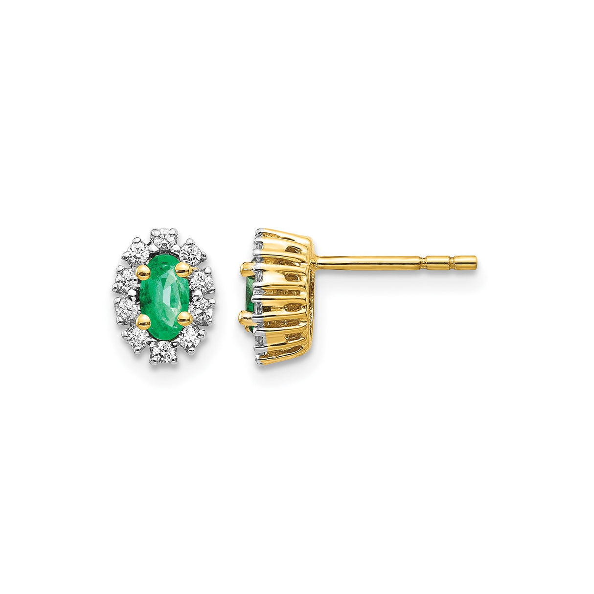 14k Yellow Gold Stud Earrings with Oval Emerald and Diamond Halo Floral Design