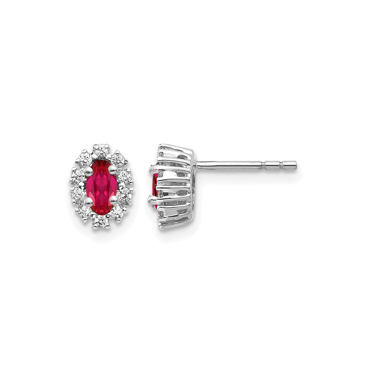 10k White Gold Stud Earrings with Oval Ruby and Diamond Halo Design for Women