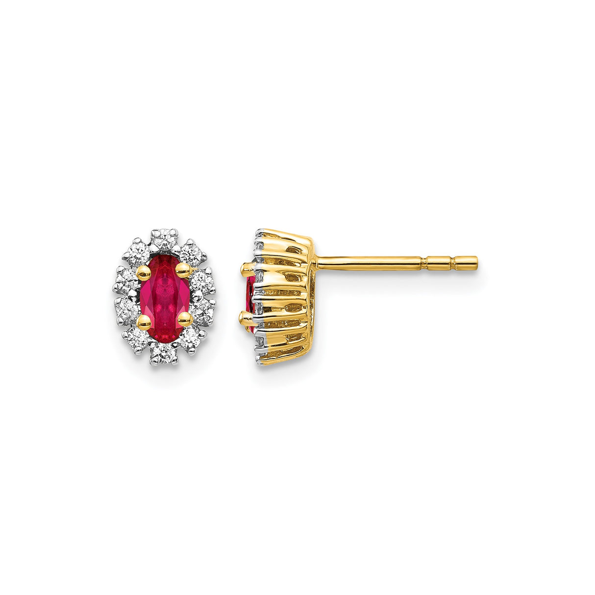 10k Yellow Gold Stud Earrings with Ruby and Diamond Halo, Floral Cluster Design for Women