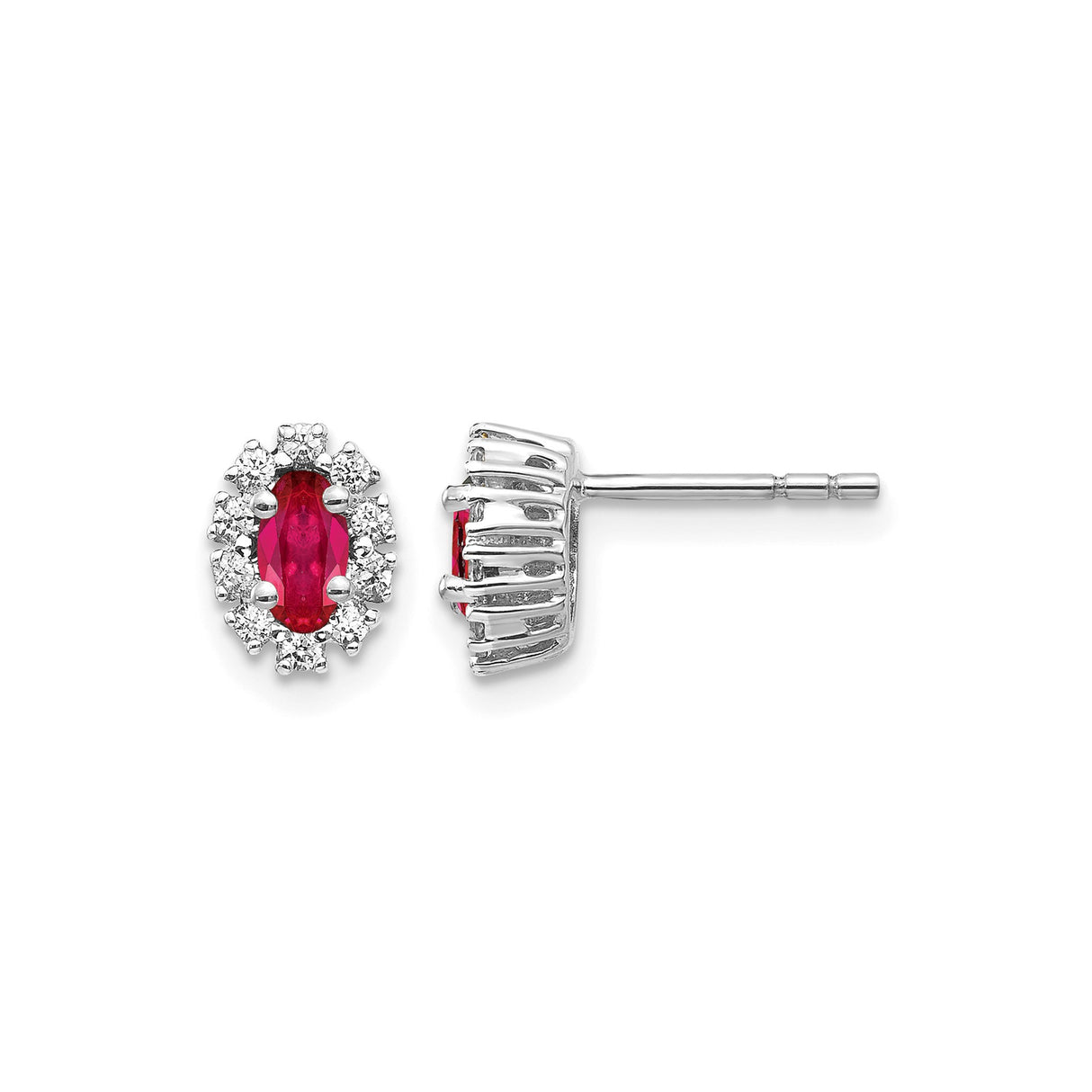 14k White Gold Ruby Halo Stud Earrings with Diamond Accents, Floral Design for Women
