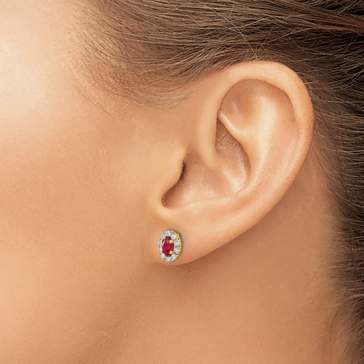 14k Yellow Gold Ruby Stud Earrings with Diamond Halo, Floral Cluster Design for Women